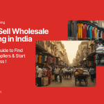 Promotional banner for Pepagora showing busy wholesale clothing markets in India with people buying and selling garments, and text promoting a guide to buy and sell wholesale clothing in India.