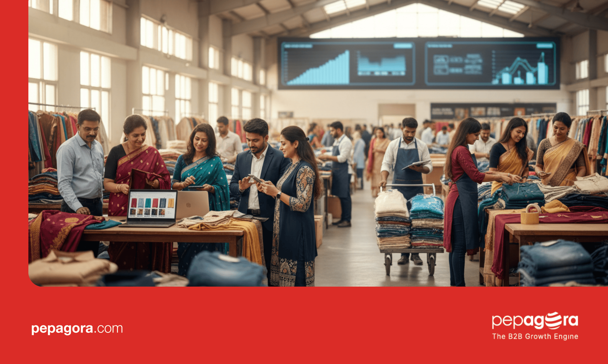Indian wholesalers and retailers trading bulk clothing in a modern textile warehouse with laptops and tablets, representing online wholesale clothing business on Pepagora.